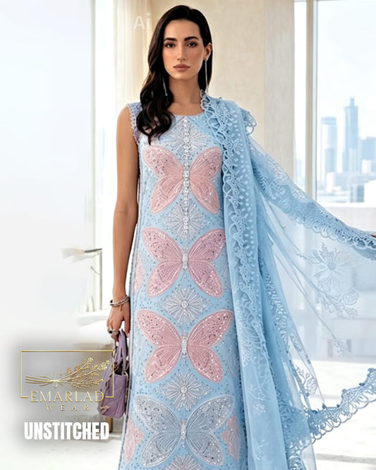 Maria B Luxury Lawn Embroidered 3D Butterfly Sky Blue Suit | Premium 3PC Lawn Replica Online Pakistan