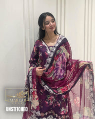 Aneelas Purple Lawn 3PC Suit with Embroidered Chiffon Dupatta