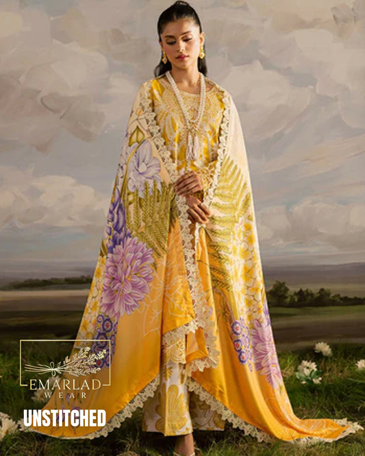 Mahnur Yellow Printed Lawn Suit with Heavy Embroidery & Chiffon Dupatta | 3PC Unstitched