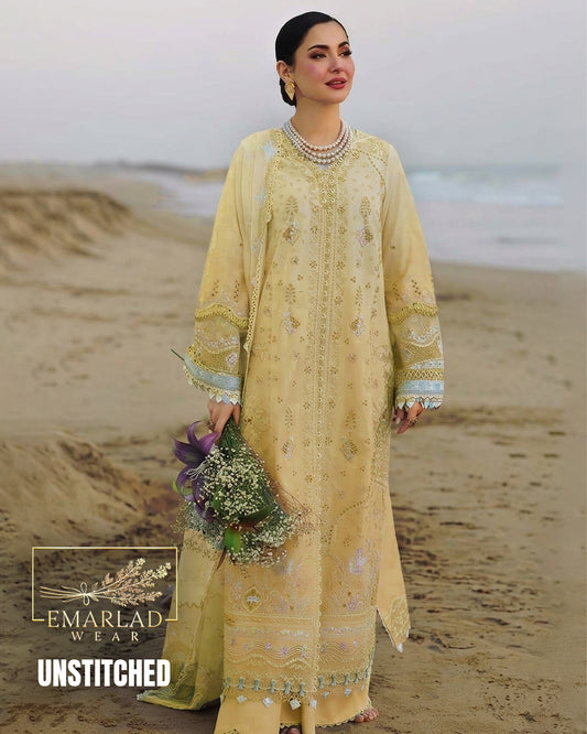 Qalamkar Lemon Yellow Luxury Chicken Kari Lawn Embroidered 3PC Unstitched Suit | Premium Summer Collection