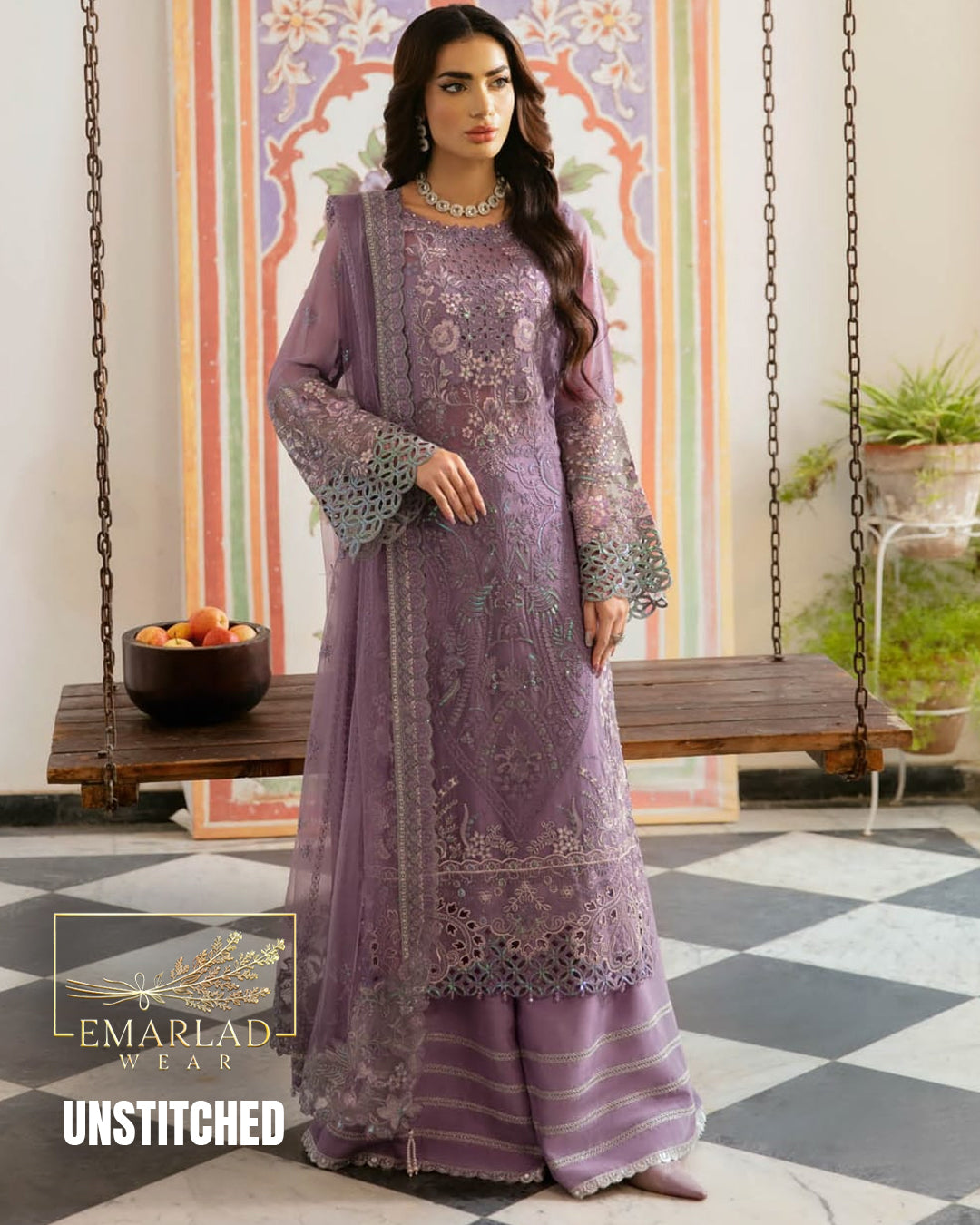 Ramsha Unstitched Replica Chiffon Dress with Malai Trouser