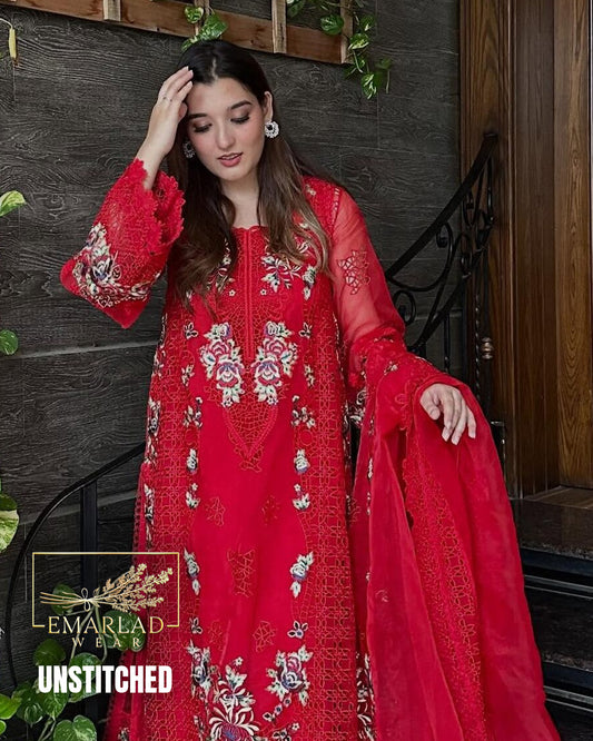 Aneelas Red Luxury Embroidered Lawn 3PC Suit – Premium Designer Collection