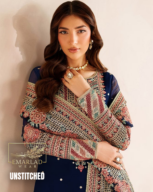 Farasha Navy Blue Chiffon Embroidered Suit | Luxury Collection