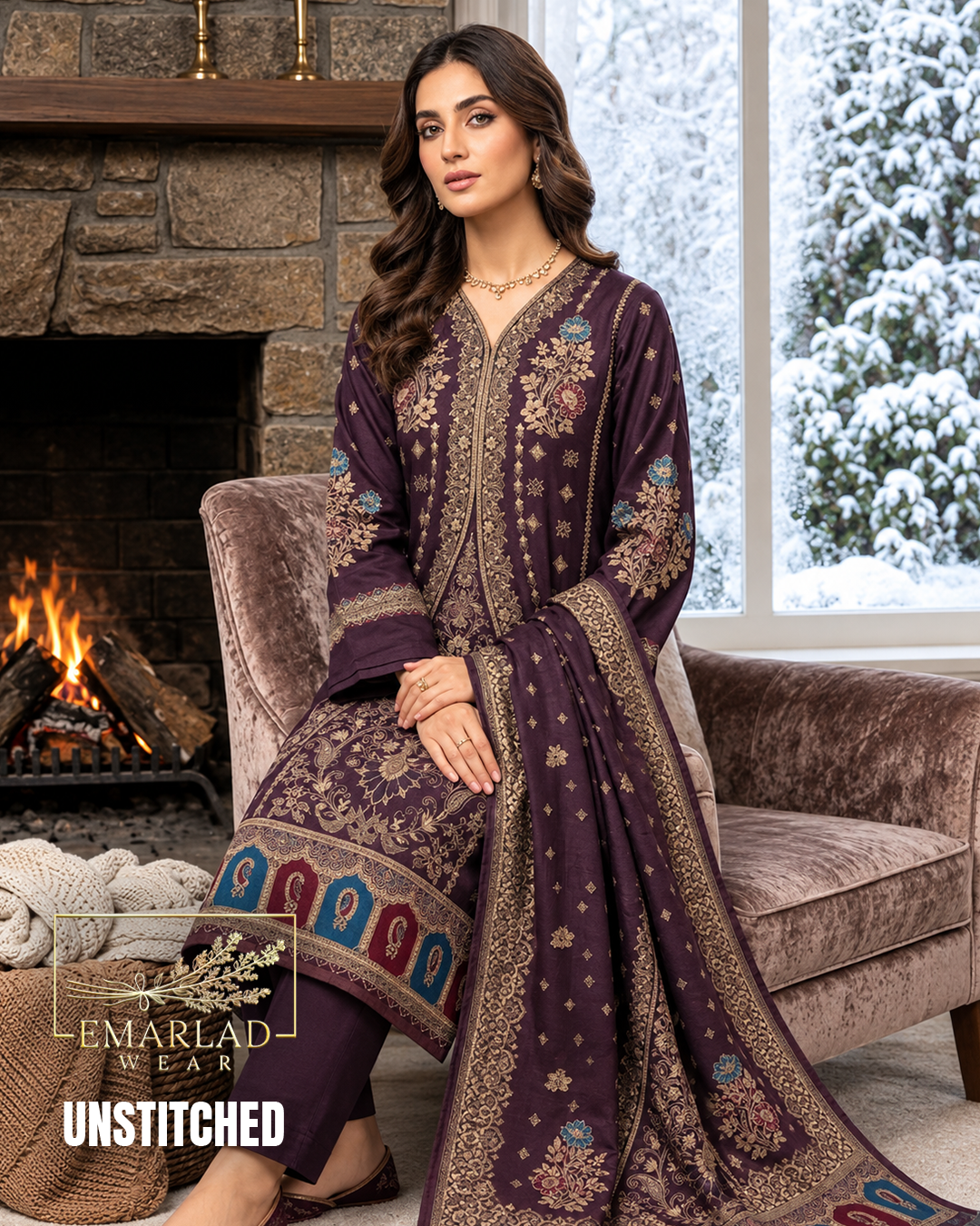 Purple Pashmina Jacquard 3 Piece Winter Suit