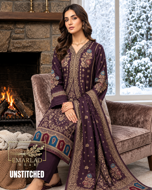 Purple Pashmina Jacquard 3 Piece Winter Suit