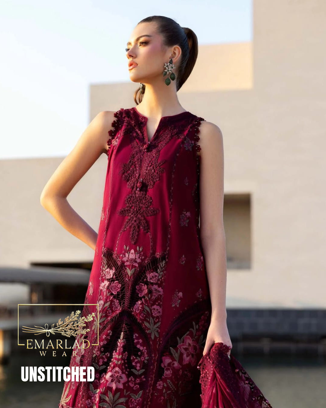 Maria B Mehroon Lawn Chikan Kari Suit 2026 – 3PC Embroidered Dress with Silk Dupatta