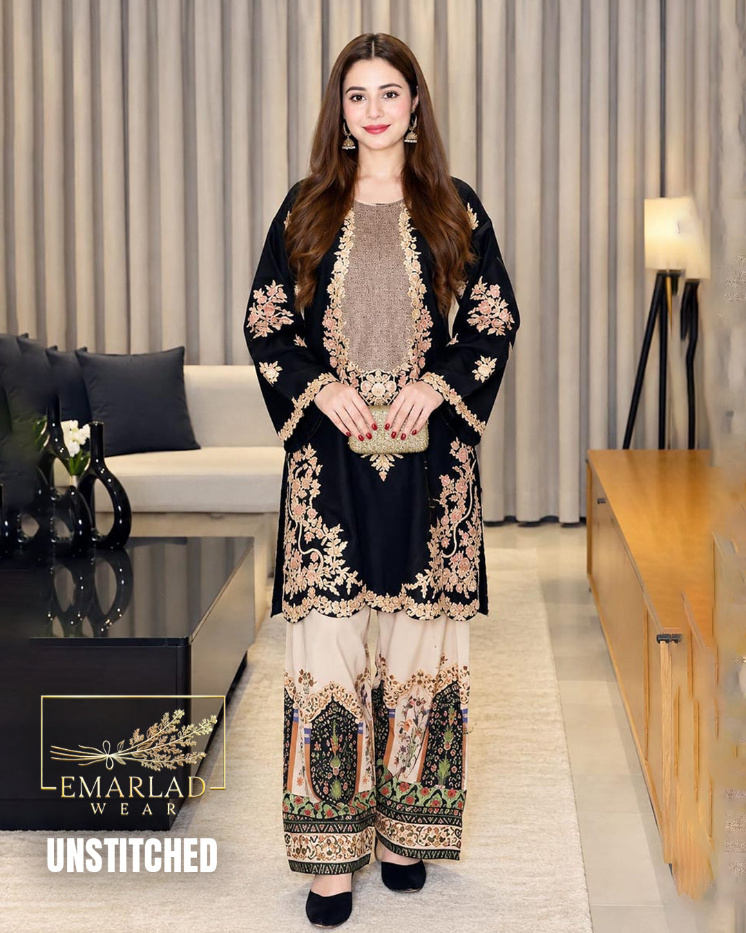 Ethnic Black 2 Piece Shalmoz Silk Embroidered Suit