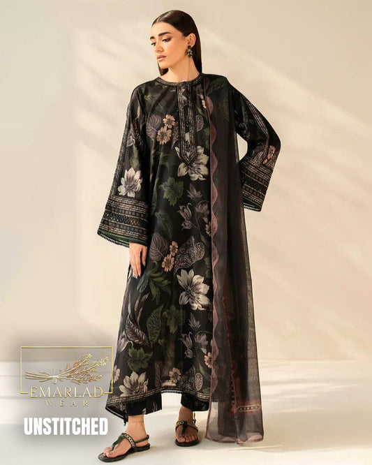 Baroque LIS04A/B Black Unstitched Printed Lawn Suit with Embroidered Patches & Chiffon Dupatta