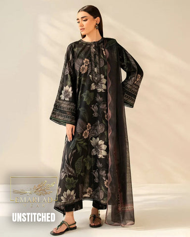 Baroque LIS04A/B Black Unstitched Printed Lawn Suit with Embroidered Patches & Chiffon Dupatta