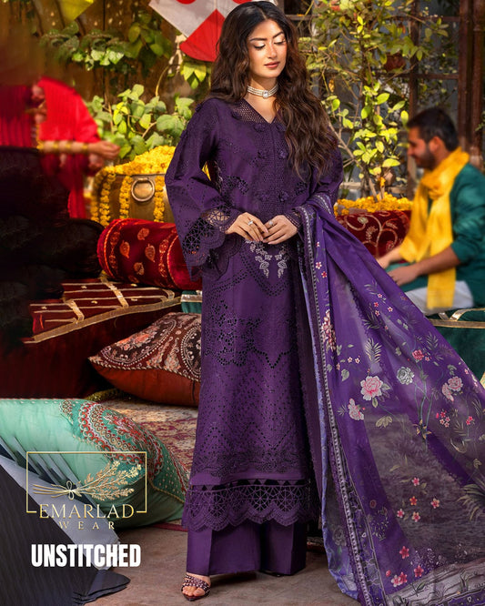 Motifz Dark Purple Luxury Chikan Kari Lawn Embroidered 3PC Suit for Women – Premium Summer Collection