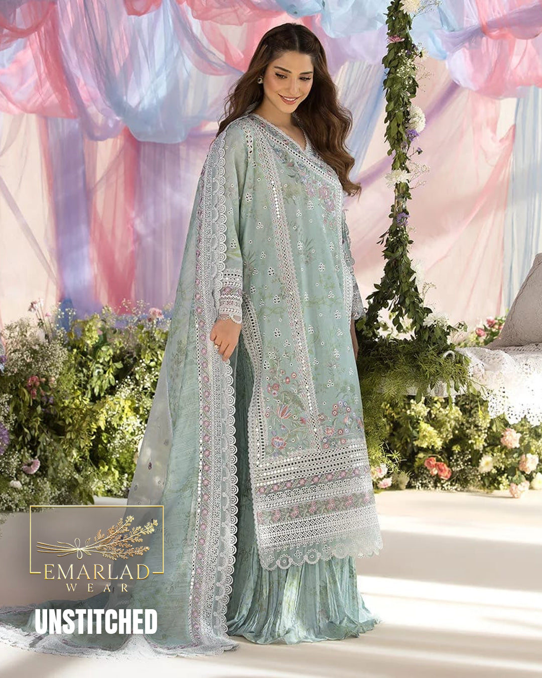 Sobia Nazir Ice Green Luxury Embroidered Lawn Chickenkari 3 Piece Unstitched Suit