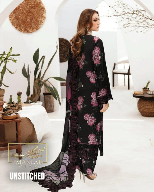 Ramsha Premium Lawn 3PC Unstitched – Black Purple with 2 Pallu Cutwork Chiffon Dupatta