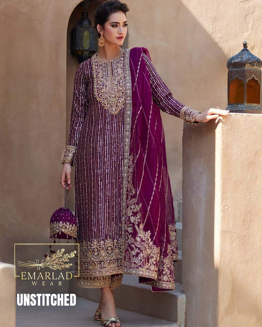 Kanwal Malik Semi Pure Chiffon Embroidered 3 Piece Suit | Dark Shocking Pink