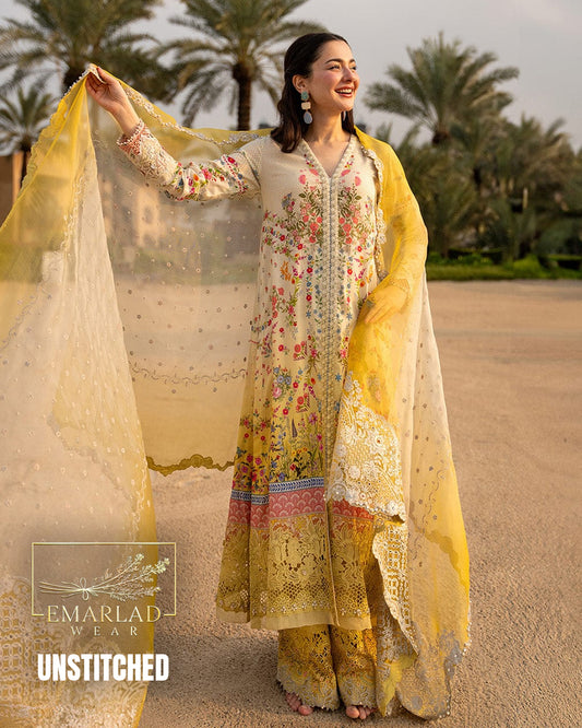 Faiza Saqlain AYA Yellow Embroidered Swiss Lawn 3Pc Unstitched Suit ARTA – Luxury Summer Collection