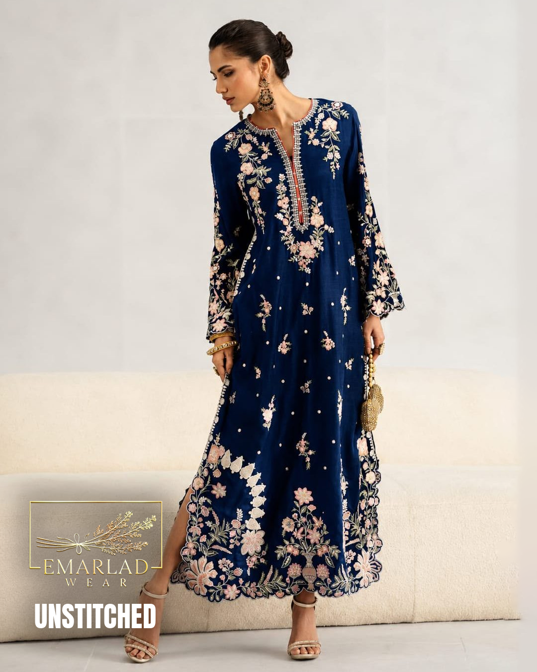 Ethnic Navy Blue 2 Piece Silk Kaftan Unstitched Suit