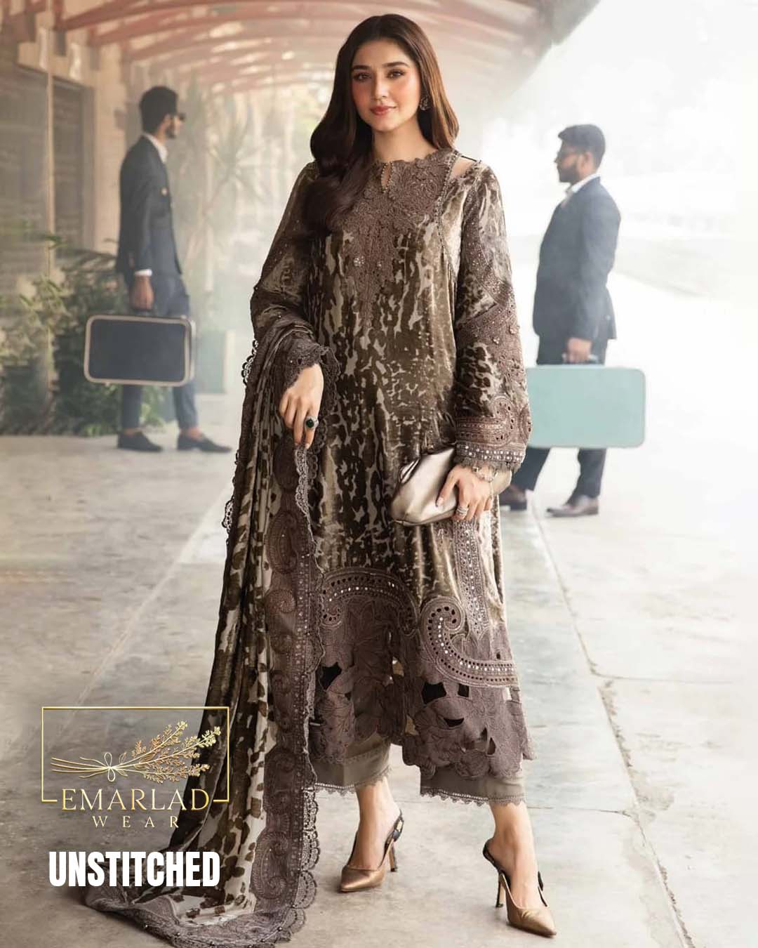 M.B Brown Embroidered 3 Piece Unstitched Formal Palachi Velvet Suit