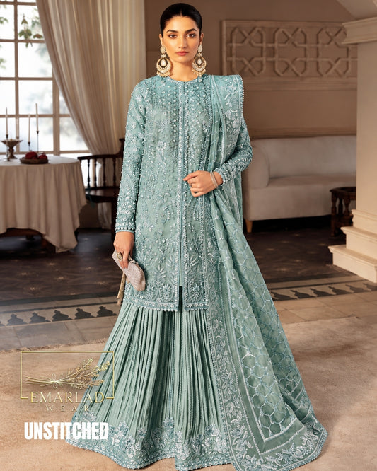Soraya Ice Green Organza Partywear Embroidered 3 Piece Dress 5407