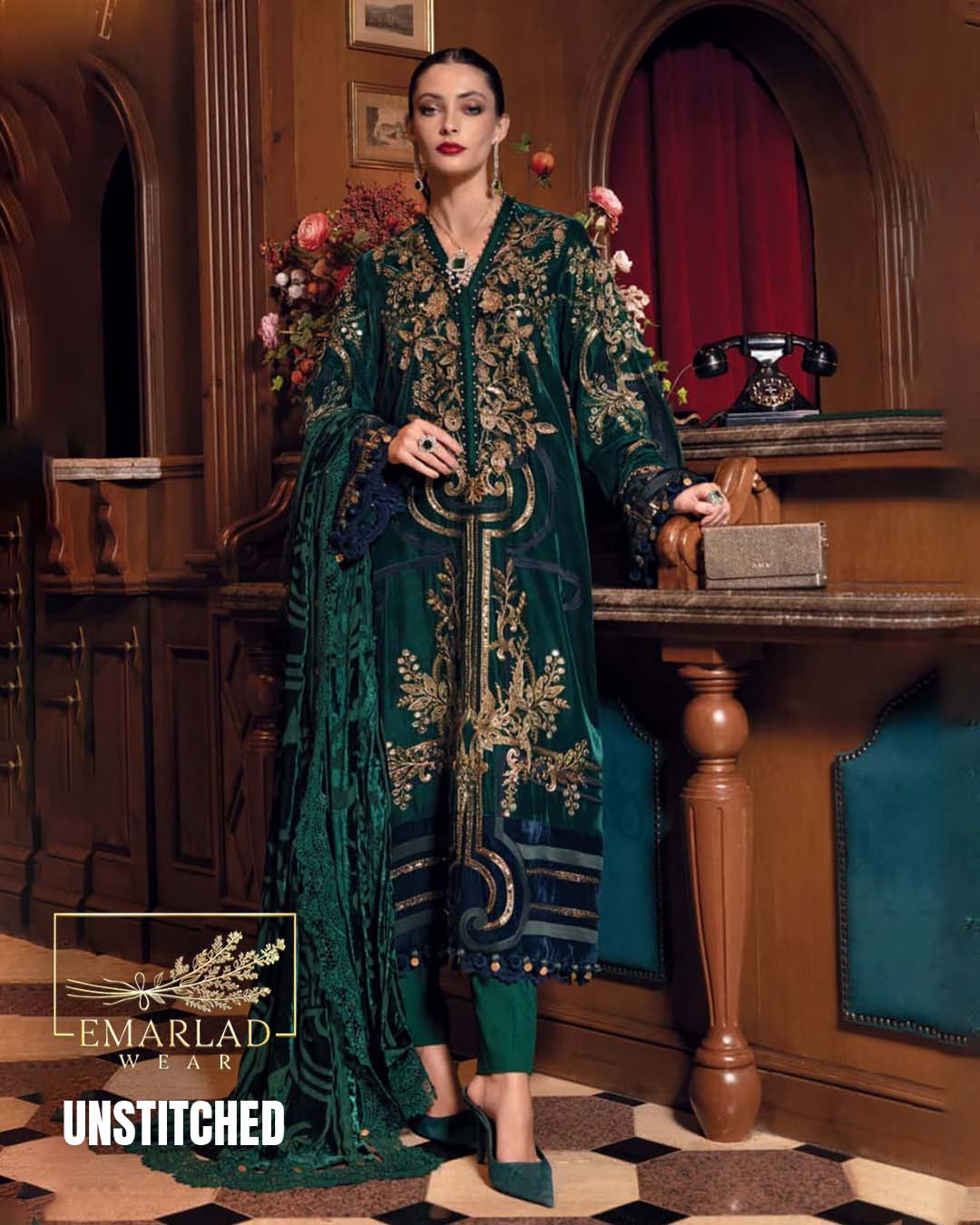 M.B Green Velvet Plachi 3 Piece Suit with Shawl Dupatta