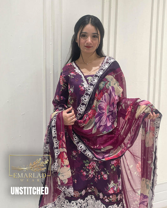 Aneelas Purple Lawn 3PC Suit with Embroidered Chiffon Dupatta