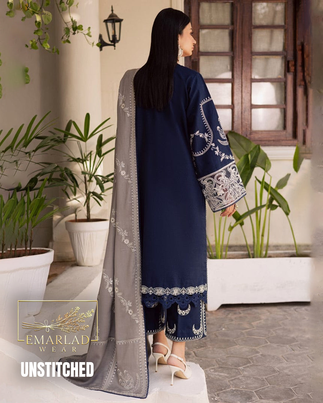 MARJAAN (ANMOL) YY Luxury Festive Embroidered Collection 2026 Navy Blue 3PC Suit with Chiffon Dupatta