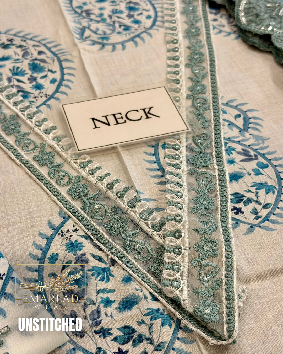 Maria B Kairy White n Blue Lawn Suit with Chiffon Embroidered Dupatta & Printed Trouser