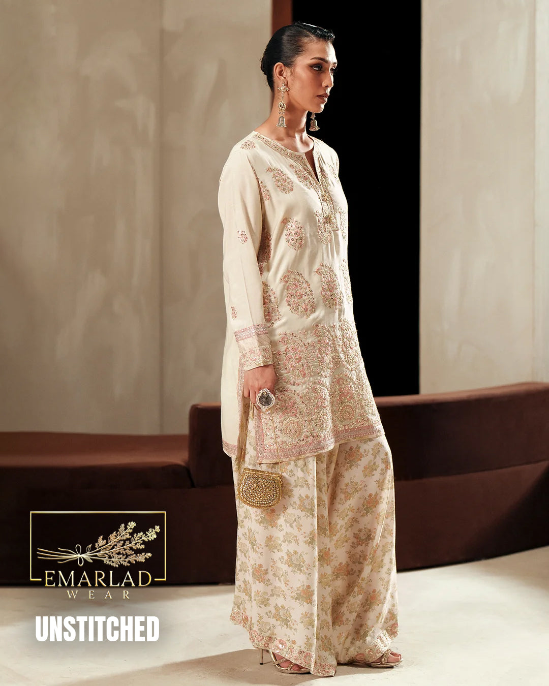 Ethnic White Raw Silk 3 Piece Embroidered Suit with Shamoze Dupatta