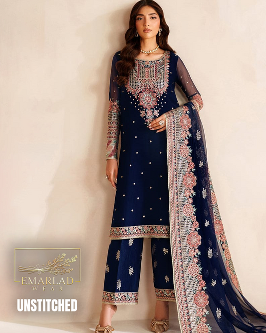 Farasha Navy Blue Chiffon Embroidered Suit | Luxury Collection