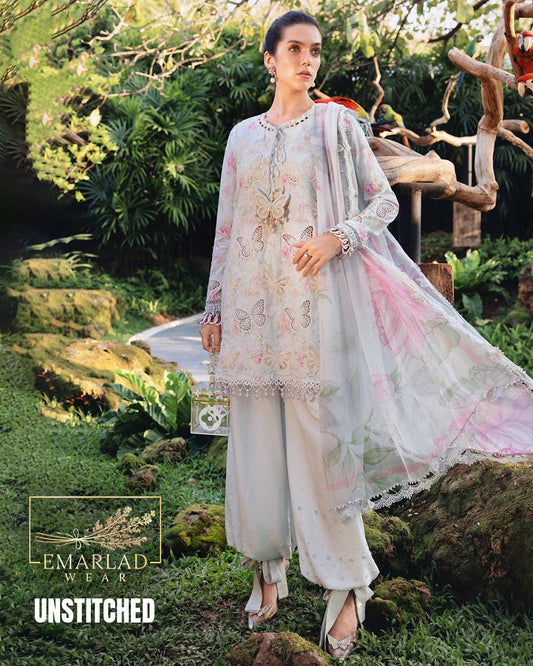 Maria B 2026 Laser Butterfly Lawn Suit grey with Chiffon Printed Dupatta 3PC