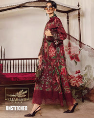 Maria B M-Print Lawn 3PC 2025 – Mehroon | Heavy Embroidered Neckline & Chiffon Dupatta