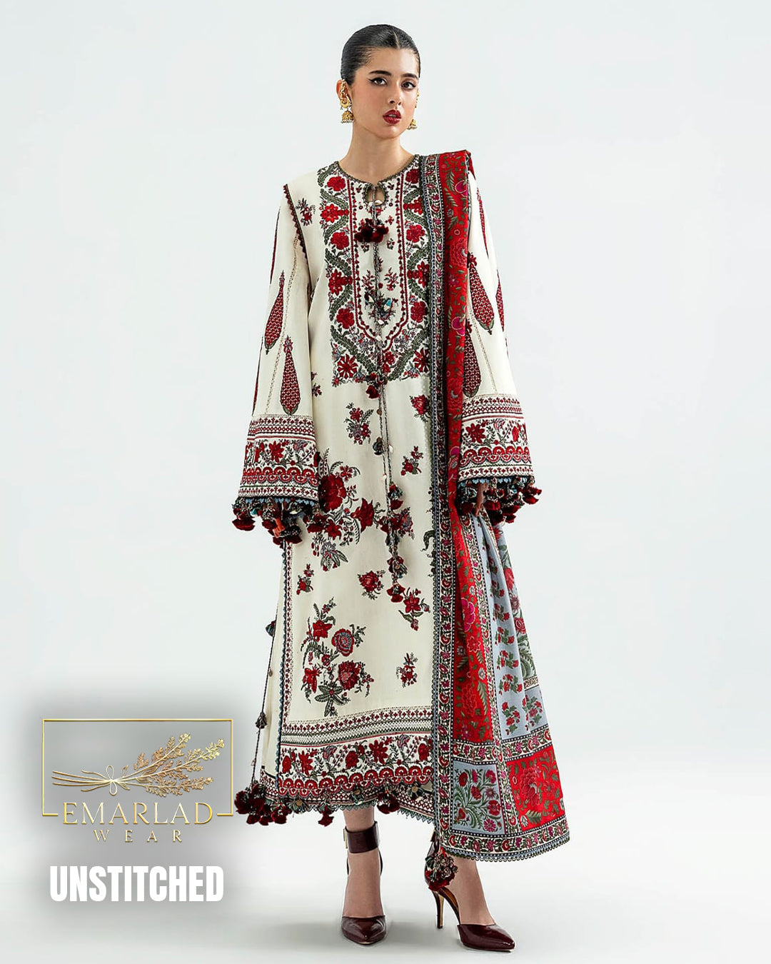 Hussain Rehar YY Off-White Silk Suit with Digital Printed Dupatta – 3 Piece