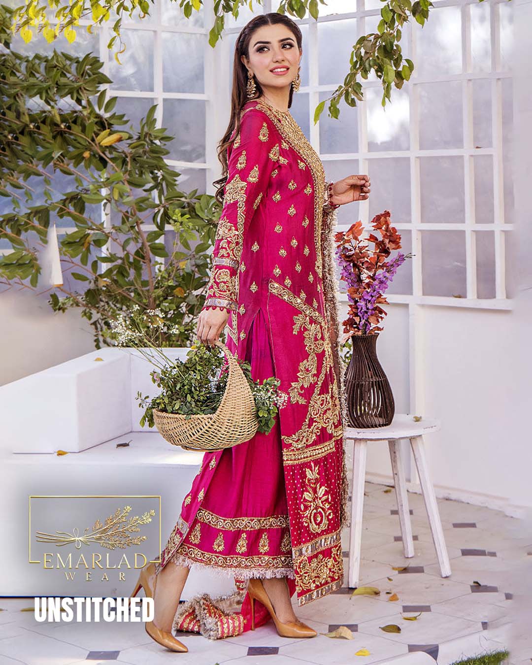 Nameera by Farooq Shocking Pink Silk Suit with Net Dupatta