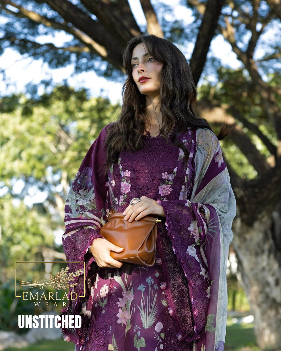 Elaaf Lawn Collection 2026 Dark Purple 3 Piece Unstitched Embroidered Lawn Suit with Printed Chiffon Dupatta