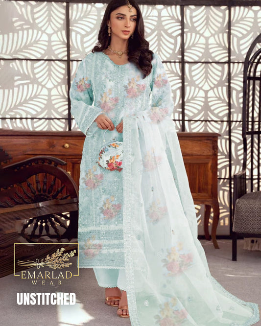 Tawwakal Sky Blue Embroidered Organza Suit with Purse – 3PC Luxury Collection