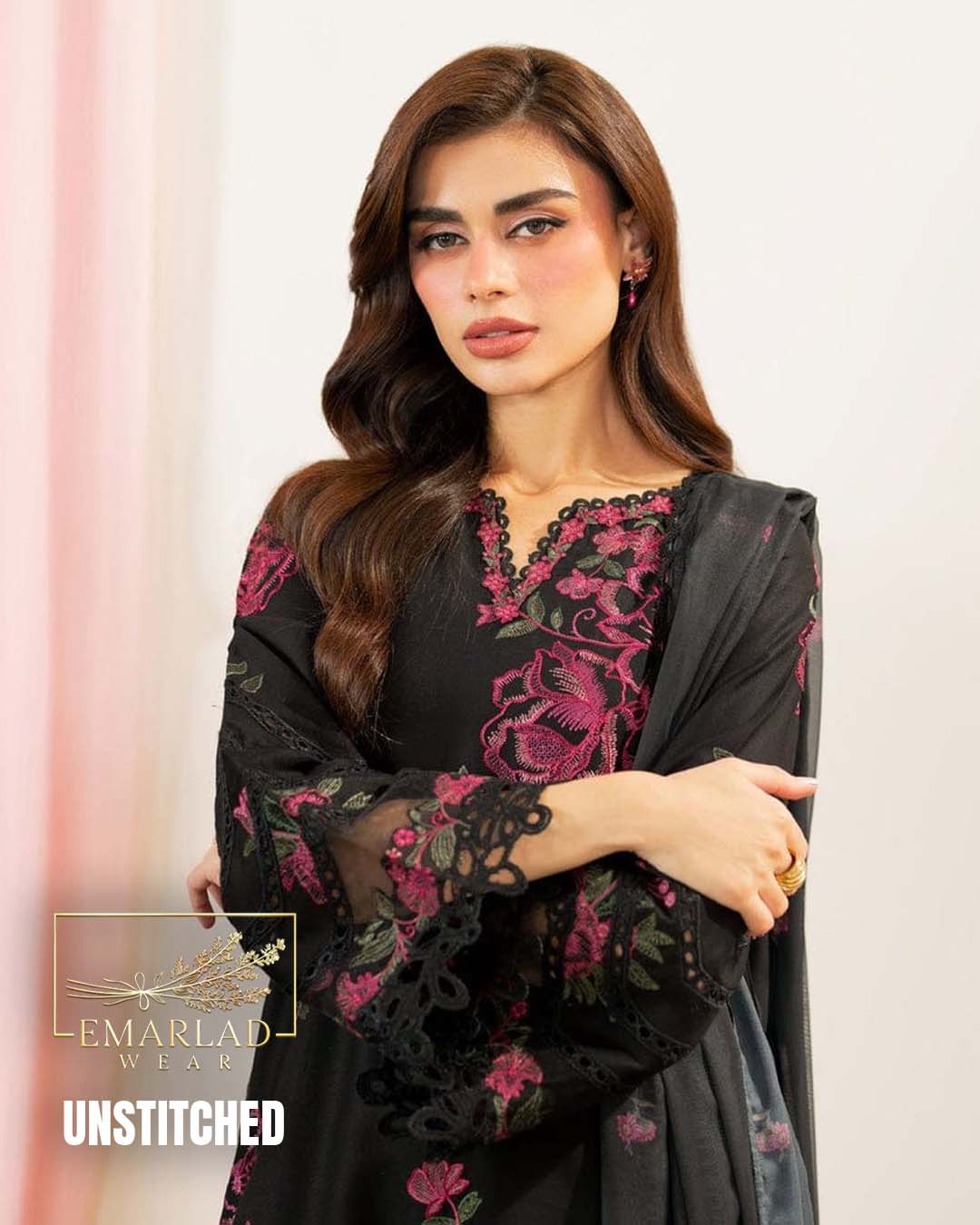 Iznik OM Black Cotton Embroidered Suit with Semi-Pure Silk Dupatta
