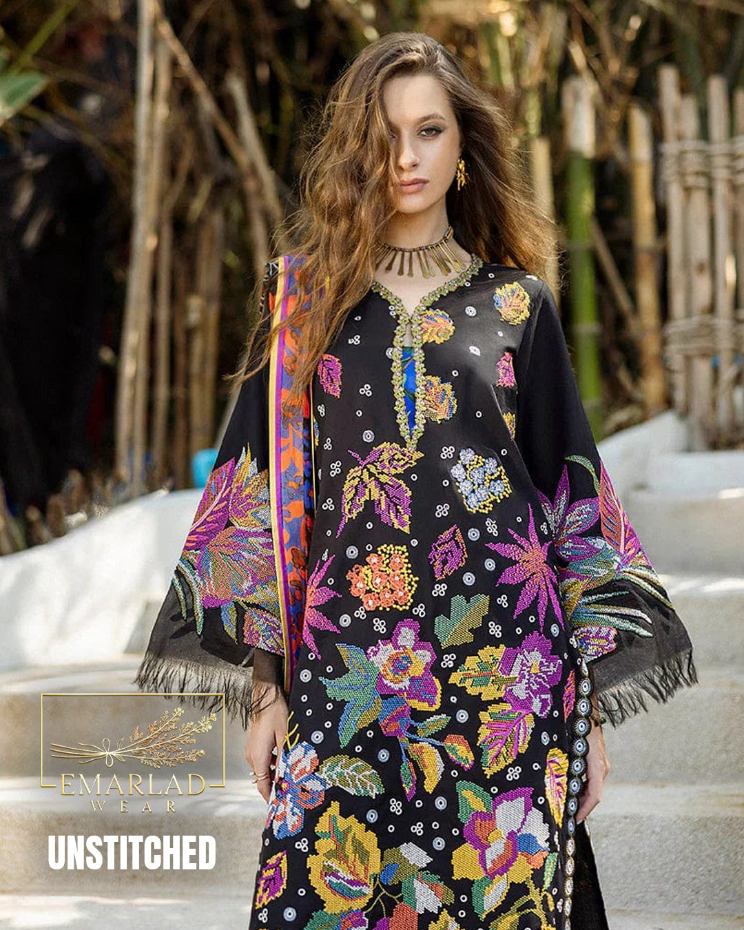 Mushq Black Lawn Collection 2026 – Cross Stitch Embroidered 3PC Suit with Digital Dupatta