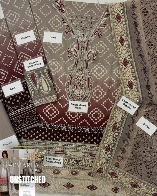Nureh Skin & Red Lawn Suit with Chiffon Embroidered Dupatta