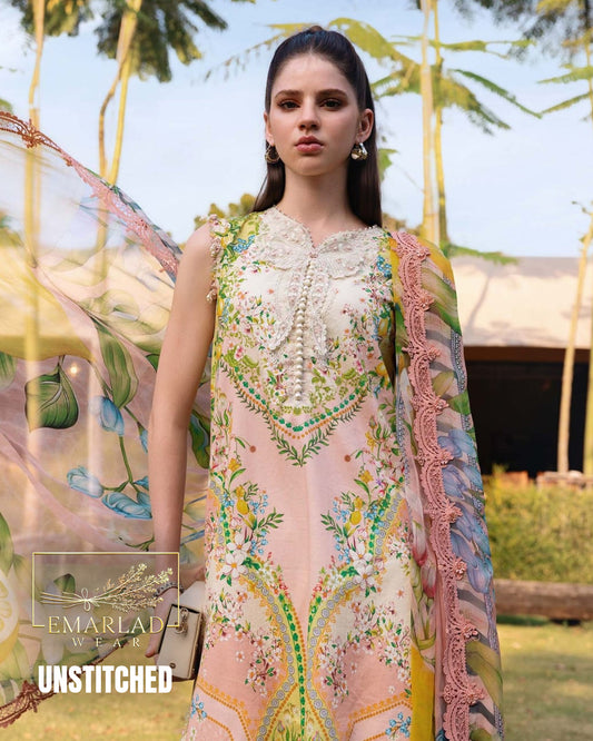 Maria B Peach Lawn Suit with Embroidered Chiffon Dupatta & Printed Trouser | 3PC Collection