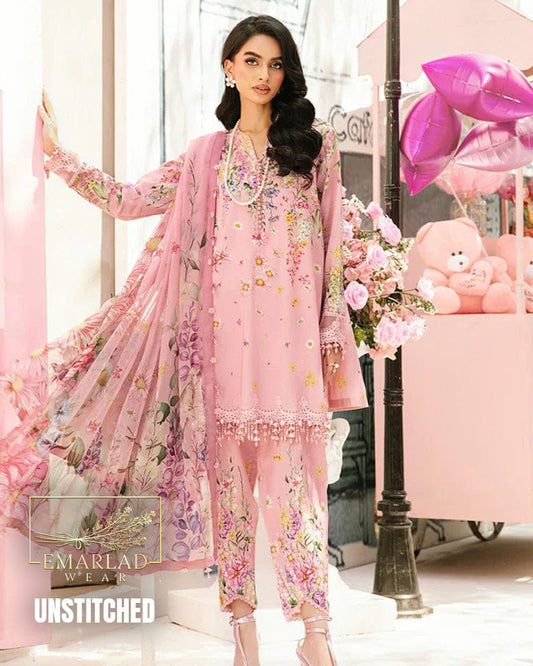 M.B M-Print Lawn 2025 Pink 3PC Suit – Heavy Embroidered Chiffon Dupatta | MPT-2603A/B