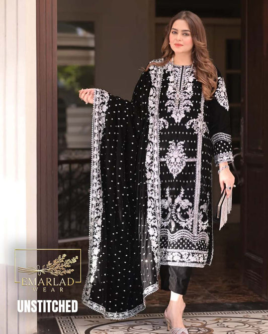 Aneelas Black Velvet Dress with Silver Embroidery – Luxury Formal Wear