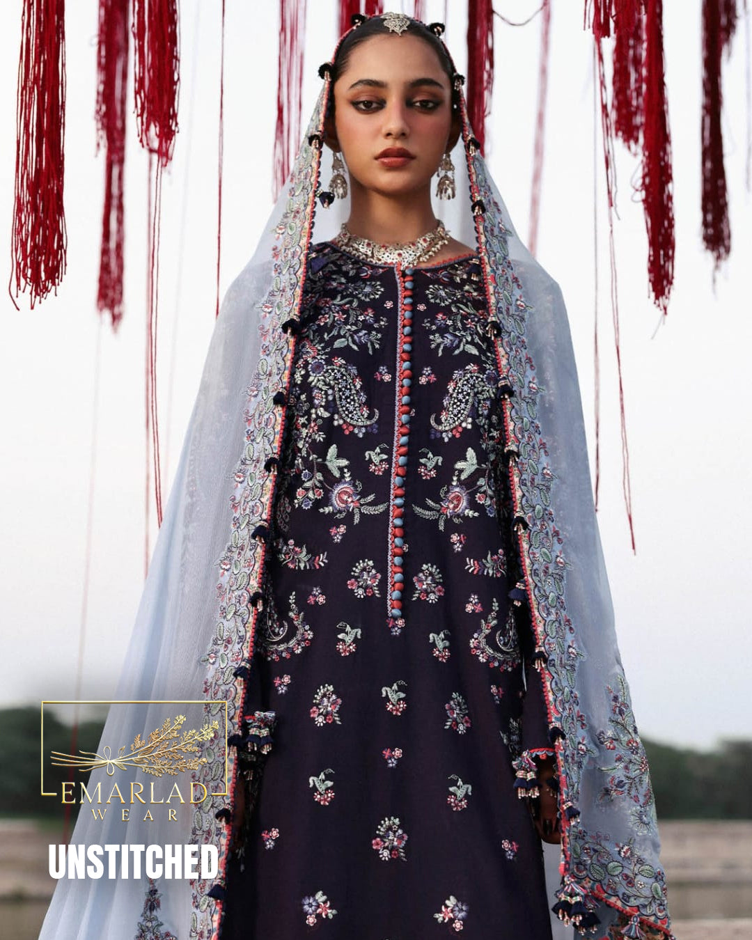 Hussain Rehar Navy Blue Luxury Lawn Replica 3 Pc Suit | Chiffon Heavy Embroidered Dupatta (Ready to Wear)