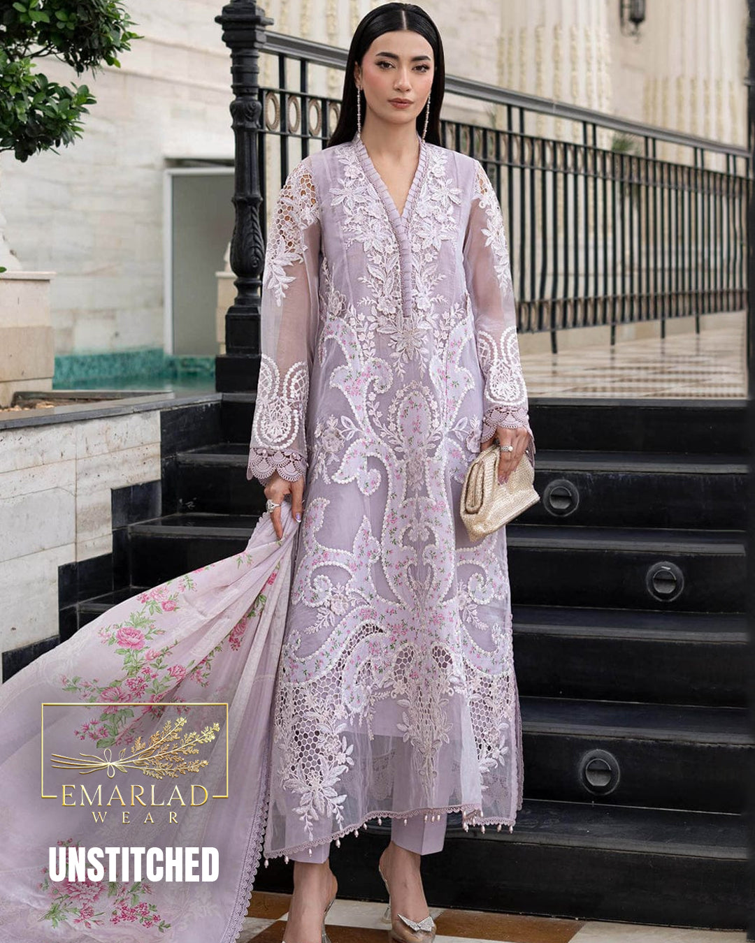 Maria B Lilac Purple Luxury Embroidered Lawn 3PC Unstitched Suit | Digital Printed & Laser Embroidered