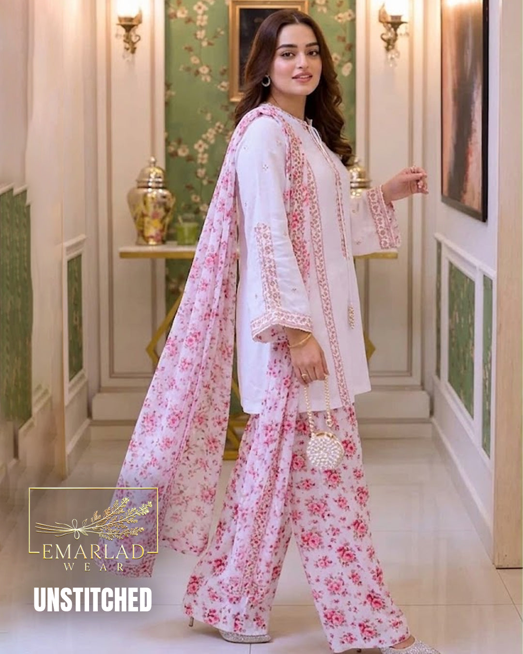 Aneelas White Pink Charmoush Silk Embroidered 3 Piece Suit ACL-FC-30-26