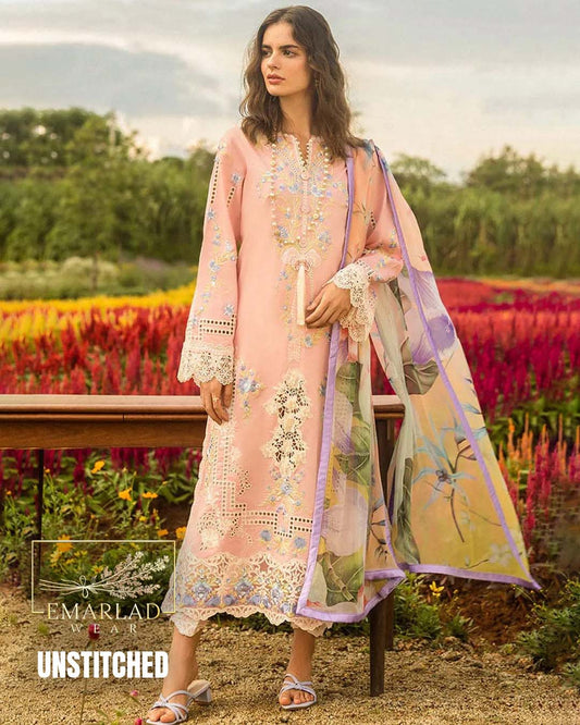 Mushq Peach Cotton Chicken Kari Suit with Semi-Pure Silk Dupatta