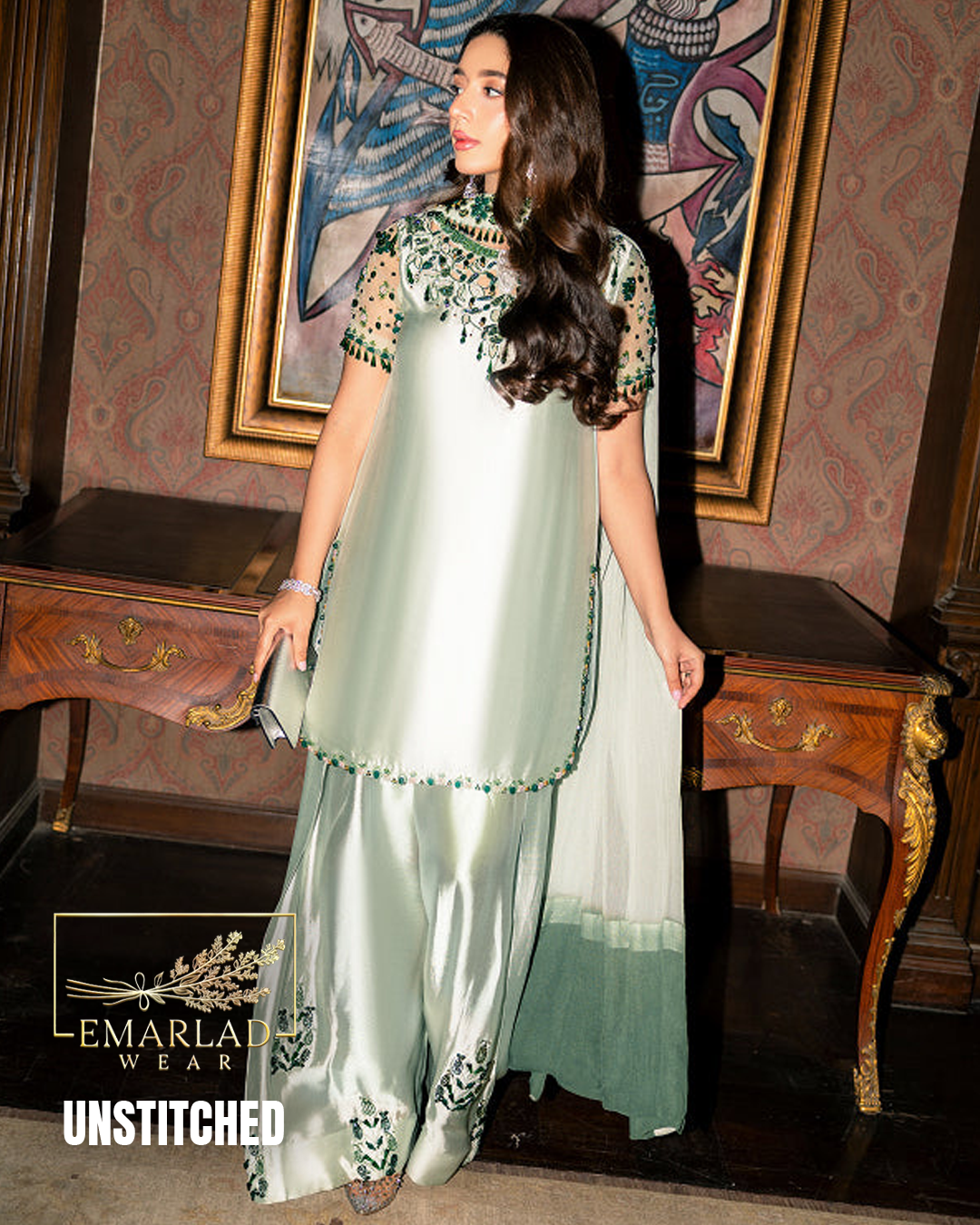 Emarladwear Ice Green Shamoze Silk Embroidered 3 Piece Suit