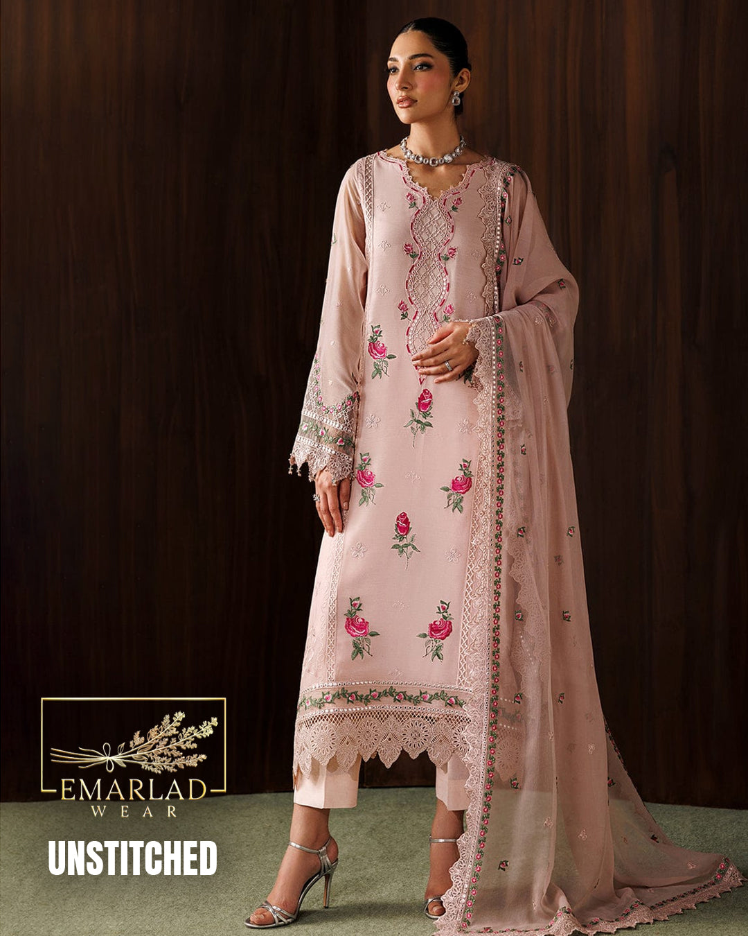 Baroque Peach Chiffon Embroidered 3 Piece Suit