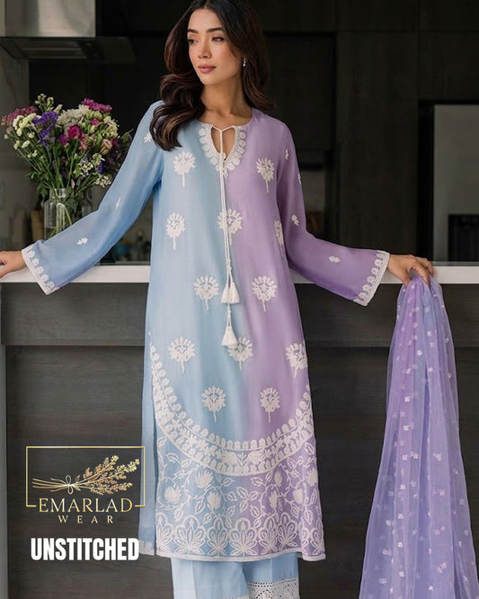 Ethnic Ferozi & Purple Tie Dye Chiffon Embroidered 3 Piece Suit