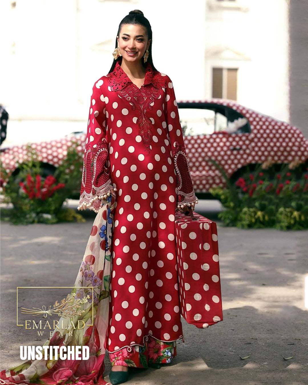 MARIA B M PRINT Vol-02 Polka Dot Red Lawn Collection 2026 | 3PC Embroidered Suit