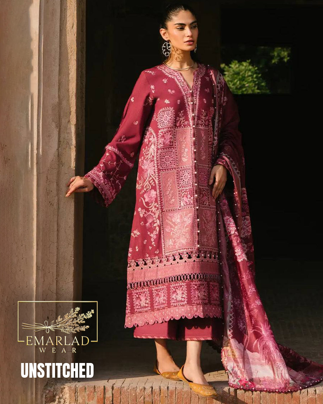 Bin Ilyas Mehroon Luxury Lawn Suit 2026 – 3PC Embroidered Dress