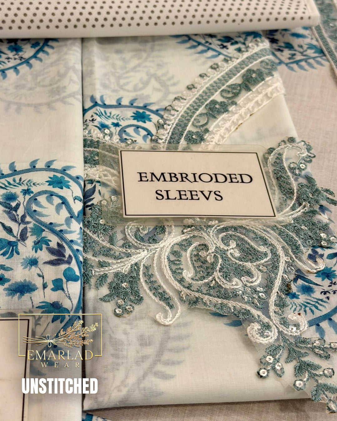 Maria B Kairy White n Blue Lawn Suit with Chiffon Embroidered Dupatta & Printed Trouser