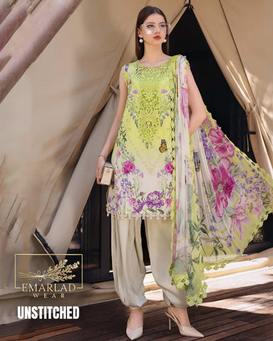 Maria B Neon Lemon 3 Piece Printed Lawn Chicken Kari Embroidered Suit with Chiffon Dupatta